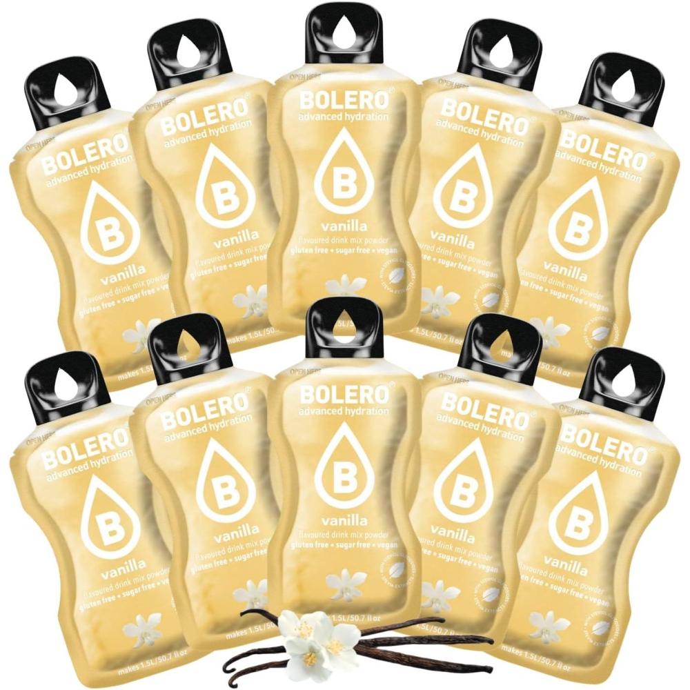 imageBOLERO Exotiques Assortiment de 10 sticks 9g de Poudre pour Boisson sans sucre la Stevia Sans Conservateur ni colorants artificiels Faible en calories il convient pour toute la FamilleVanille