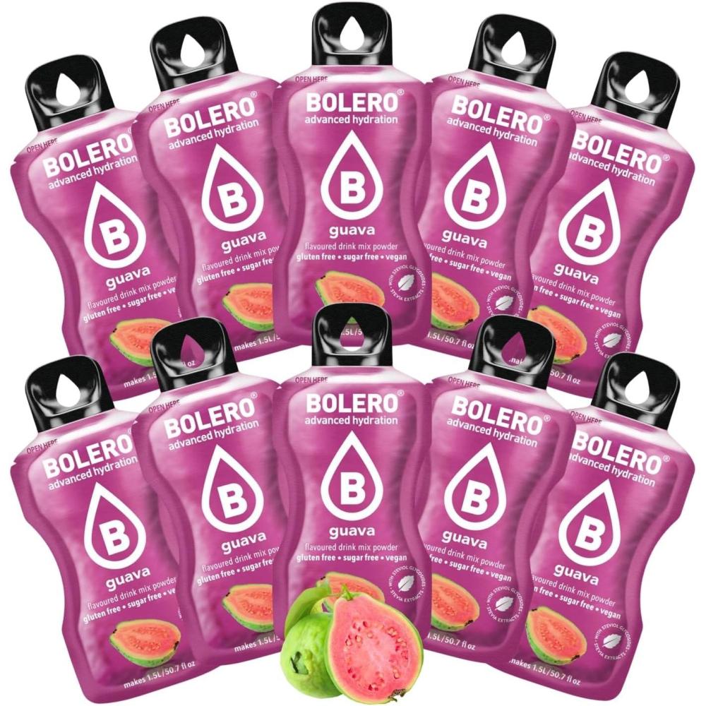 imageBOLERO Exotiques Assortiment de 10 sticks 9g de Poudre pour Boisson sans sucre la Stevia Sans Conservateur ni colorants artificiels Faible en calories il convient pour toute la FamilleGoyave
