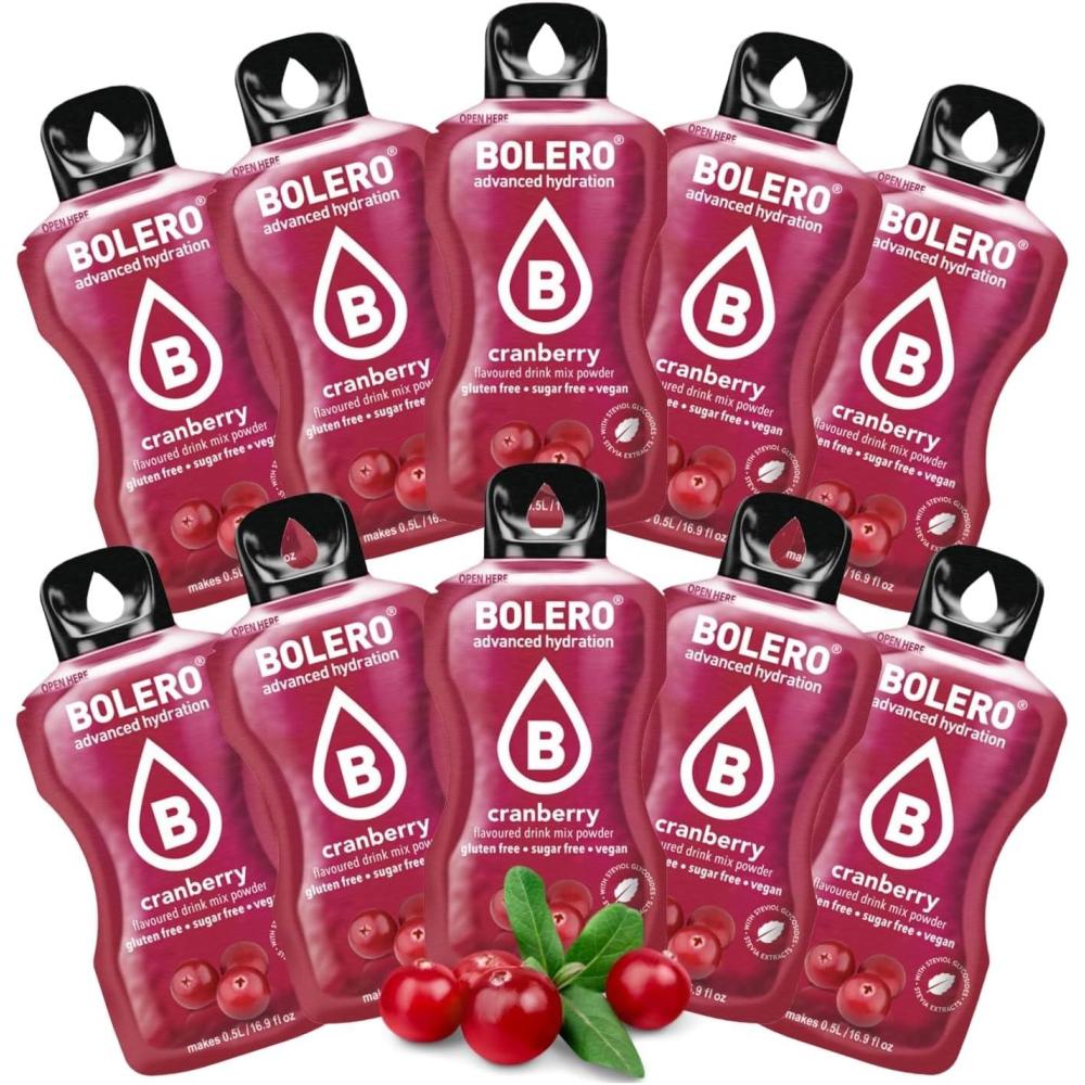 imageBOLERO Exotiques Assortiment de 10 sticks 9g de Poudre pour Boisson sans sucre la Stevia Sans Conservateur ni colorants artificiels Faible en calories il convient pour toute la FamilleCranberry