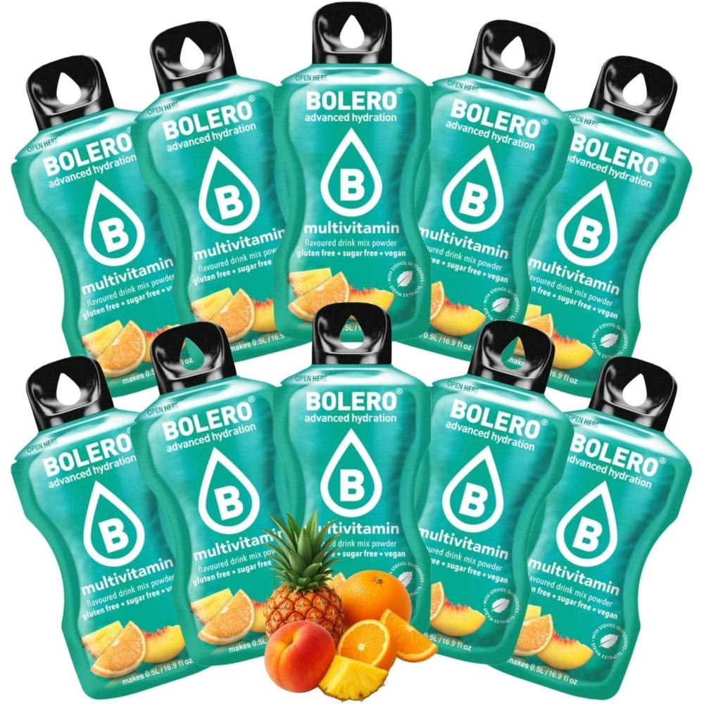 imageBOLERO Exotiques Assortiment de 10 sticks 9g de Poudre pour Boisson sans sucre la Stevia Sans Conservateur ni colorants artificiels Faible en calories il convient pour toute la FamilleMultiFruits