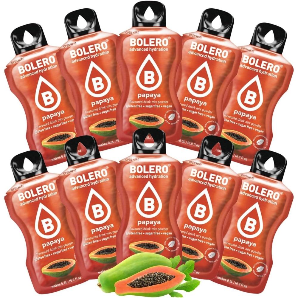 imageBOLERO Exotiques Assortiment de 10 sticks 9g de Poudre pour Boisson sans sucre la Stevia Sans Conservateur ni colorants artificiels Faible en calories il convient pour toute la FamillePapaye