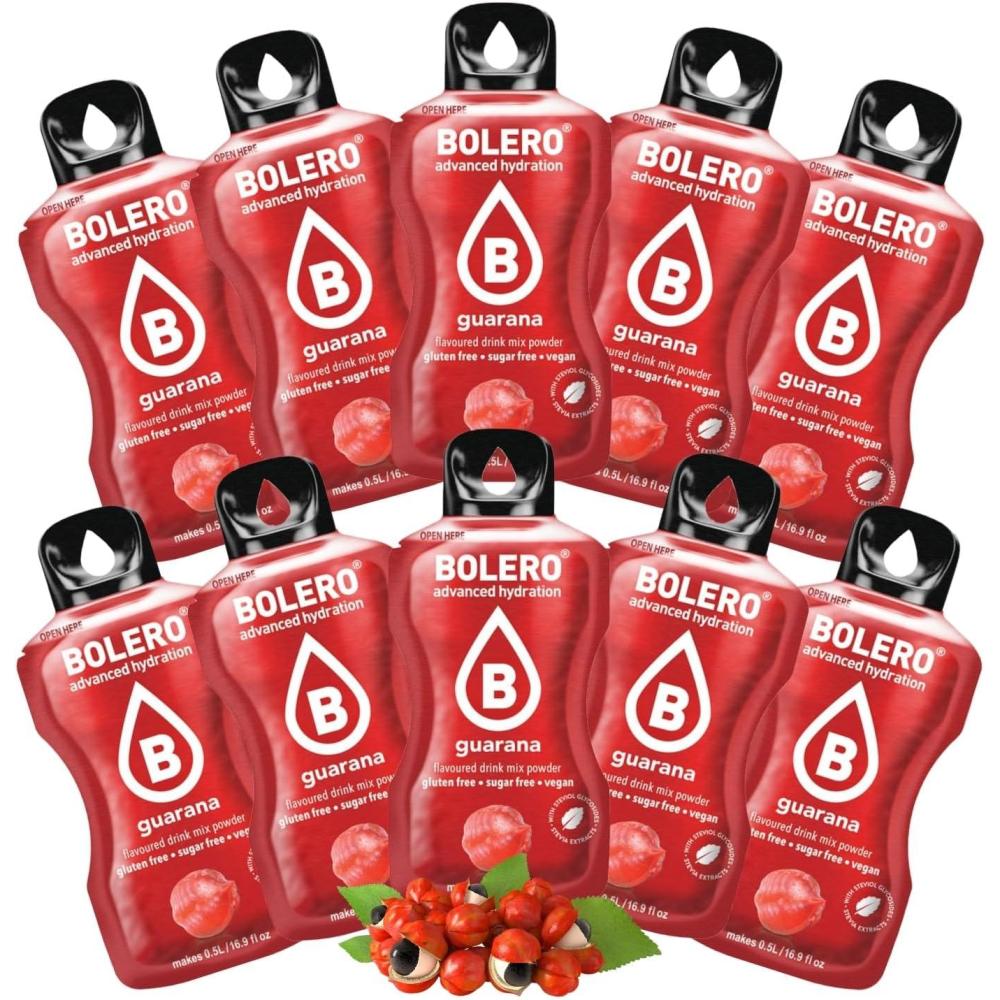 imageBOLERO Exotiques Assortiment de 10 sticks 9g de Poudre pour Boisson sans sucre la Stevia Sans Conservateur ni colorants artificiels Faible en calories il convient pour toute la FamilleGuarana