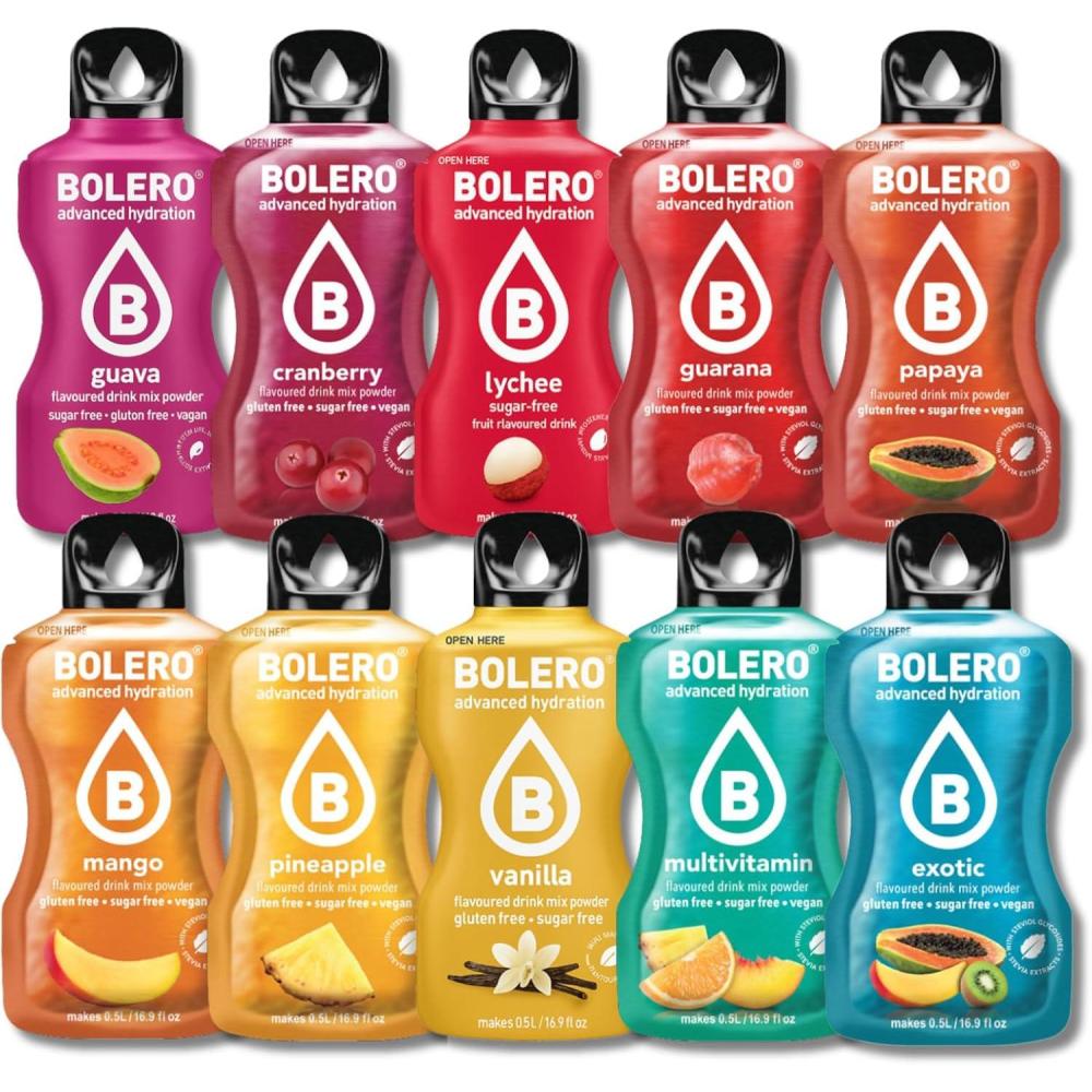 imageBOLERO Exotiques Assortiment de 10 sticks 9g de Poudre pour Boisson sans sucre la Stevia Sans Conservateur ni colorants artificiels Faible en calories il convient pour toute la FamilleAssortiment