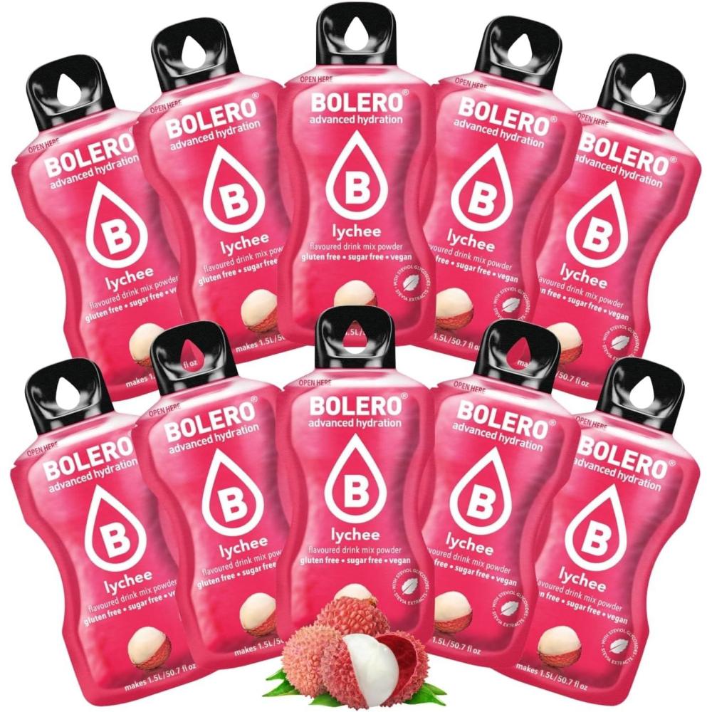 imageBOLERO Exotiques Assortiment de 10 sticks 9g de Poudre pour Boisson sans sucre la Stevia Sans Conservateur ni colorants artificiels Faible en calories il convient pour toute la FamilleLitchi