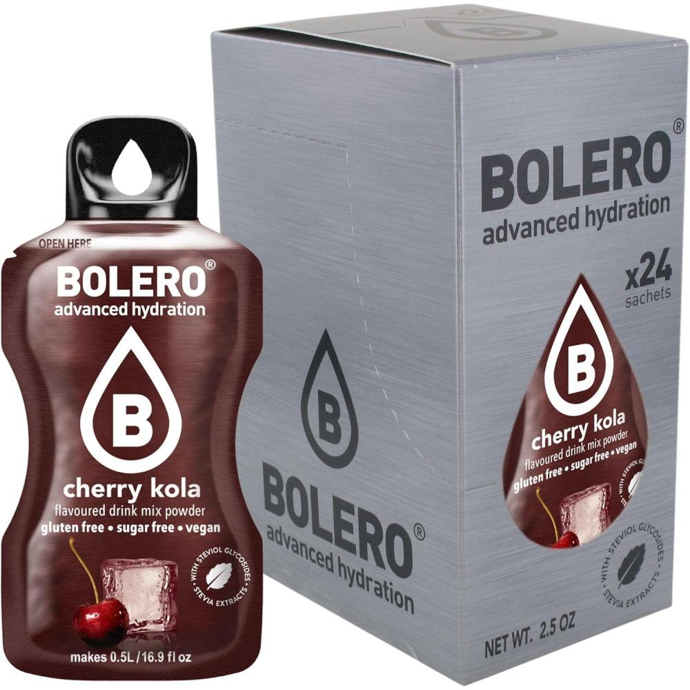 imageBolero CHERRY COLA 24x3g Jus en poudre sans sucre dulcor la stvia vitamine C pour enfants et sportifs sans gluten vgtalien saveur cerise cola