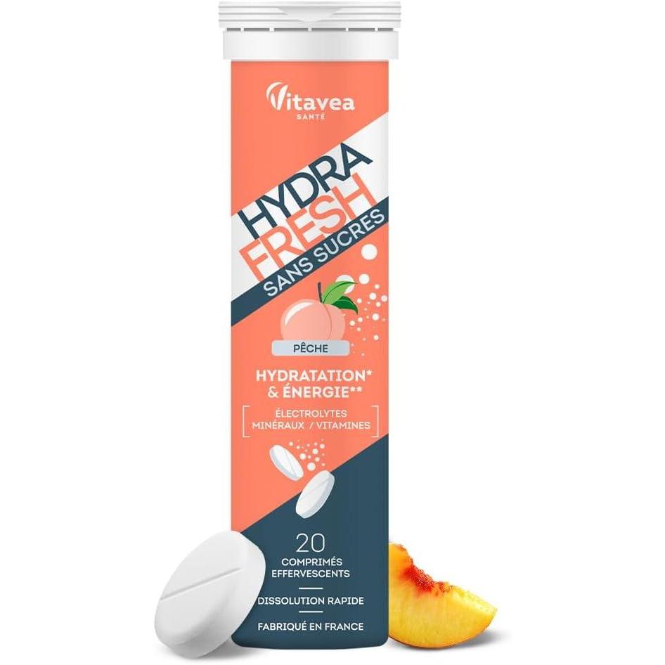 imageHydraFresh Pastilles hydratation Effervescentes Magnsium lectrolytes Calcium Vitamines C et B Complment alimentaire nergie saveur Pche Sans Sucres Fabriqu en FranceOrange