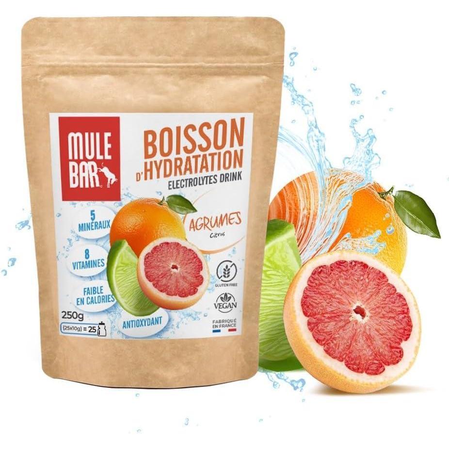 imageMULEBAR Boisson DHydratation En Poudre Fruits Rouges Antioxydant 8 Vitamines 5 Minraux Electrolytes Got Trs Peu Sucr Facile Digrer Fabriqu En France 250grAgrumes
