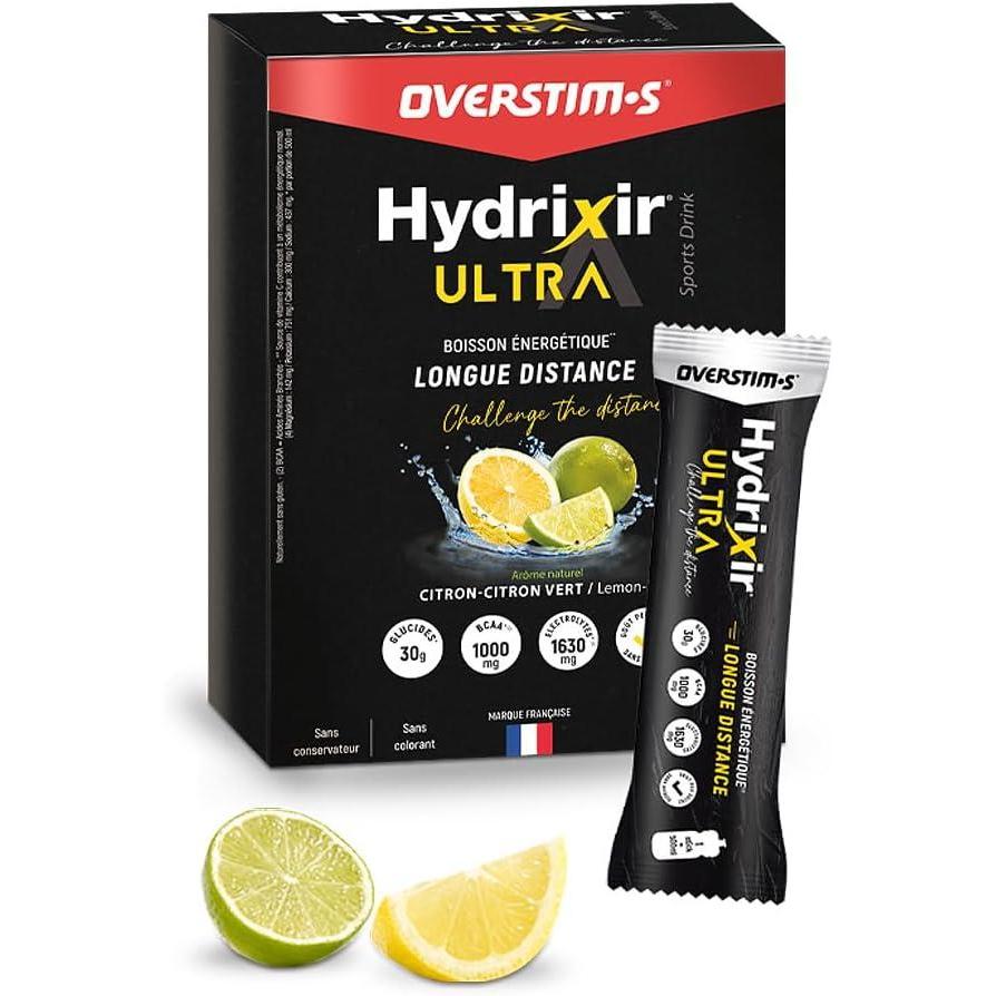 imageOverstims Boisson Hydrixir Ultra Stick 10x40g 3 sources de glucides 4 lectrolytes 6 vitamines BCAA Glutamine Bicarbonate de sodium Saveur peu sucre Citron Citronvert