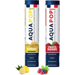 AQUAPOP – Pastilles électrolytes – Pack de 2 (Citron et Fruits Rouge) – Sans Sucres – Favorise l&rsquo;hydratation et l&rsquo;énergie – 20 Comprimés Minéraux et Vitamines – Sport & Bien-être – 2 Pack