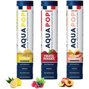 AQUAPOP – Pastilles électrolytes – Pack de 3 tubes – Sans Sucres – Favorise l&rsquo;hydratation et l&rsquo;énergie – 60 Comprimés Minéraux et Vitamines – Sport & Bien-être – Fruits Rouge, Citron, Pêche – 3-Pack