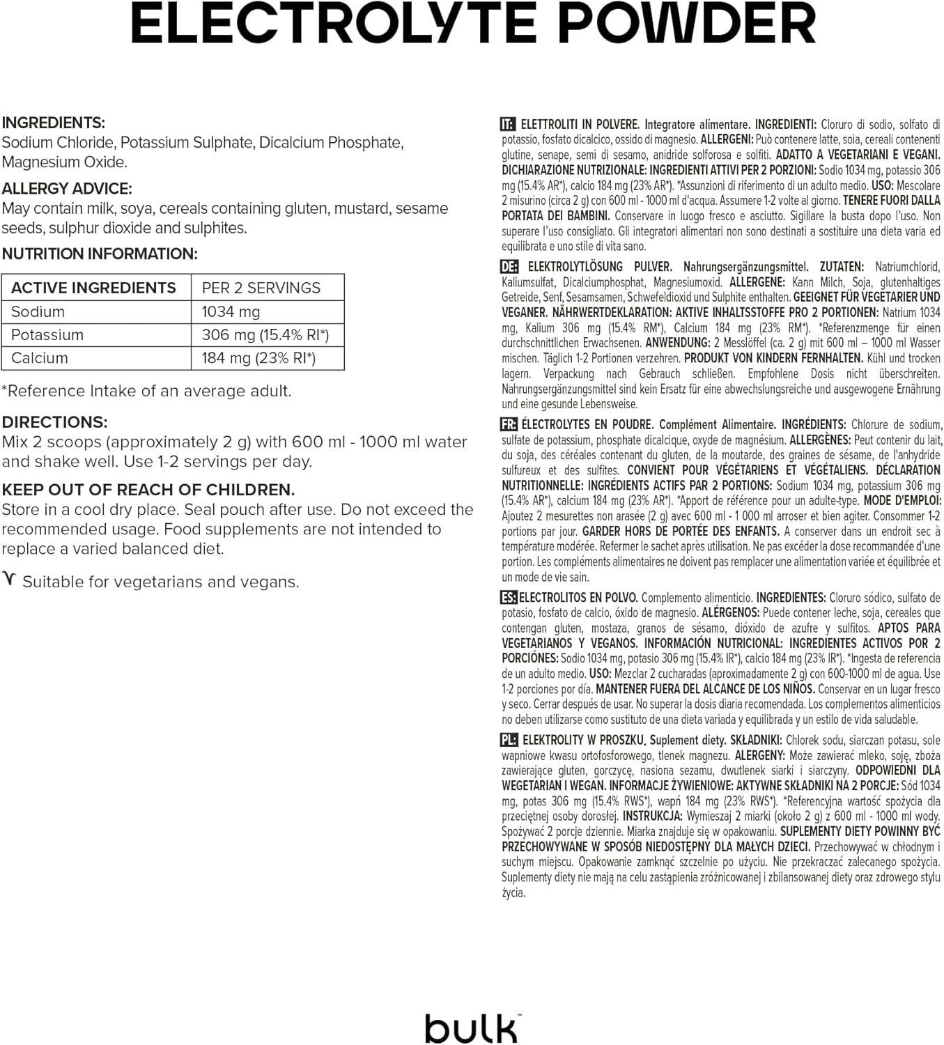 imageBulk Complete Poudre dlectrolytes Nature 500g Avec sodium potassium magnsium et calcium Hydratation et quilibre lectrolytique Faible en calories Pour le sport et le quotidienSans saveur
