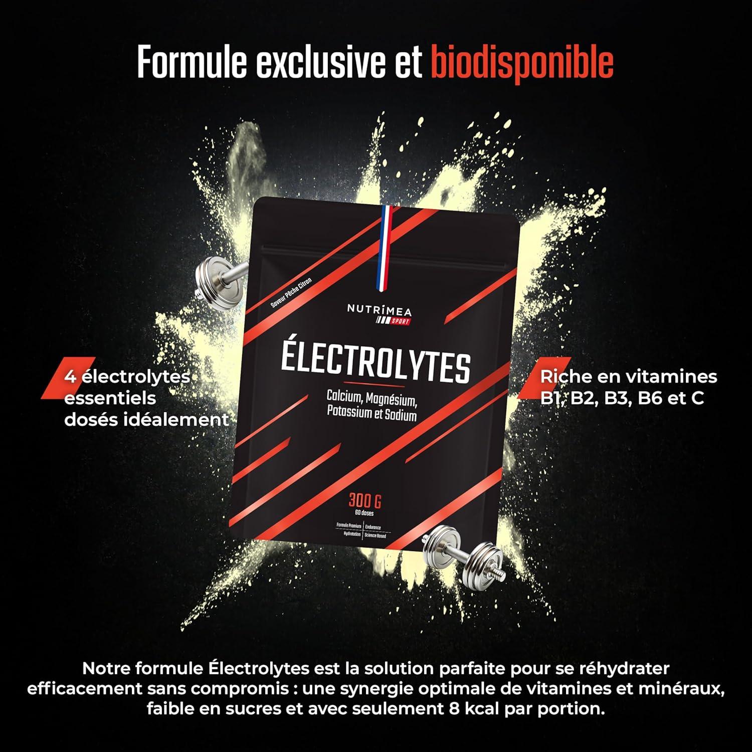 imageELECTROLYTE Boisson dHydratation Calcium Magnsium Sodium Potassium Vitamines B1 B2 B3 B6 C Endurance ampamp Rcupration Faible en Calories Got Pche Citron 60 Sances Nutrimea