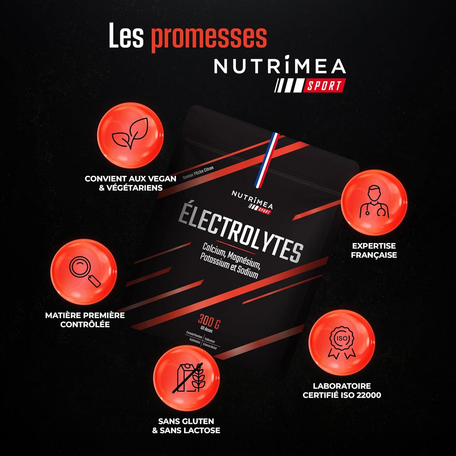 imageELECTROLYTE Boisson dHydratation Calcium Magnsium Sodium Potassium Vitamines B1 B2 B3 B6 C Endurance ampamp Rcupration Faible en Calories Got Pche Citron 60 Sances Nutrimea