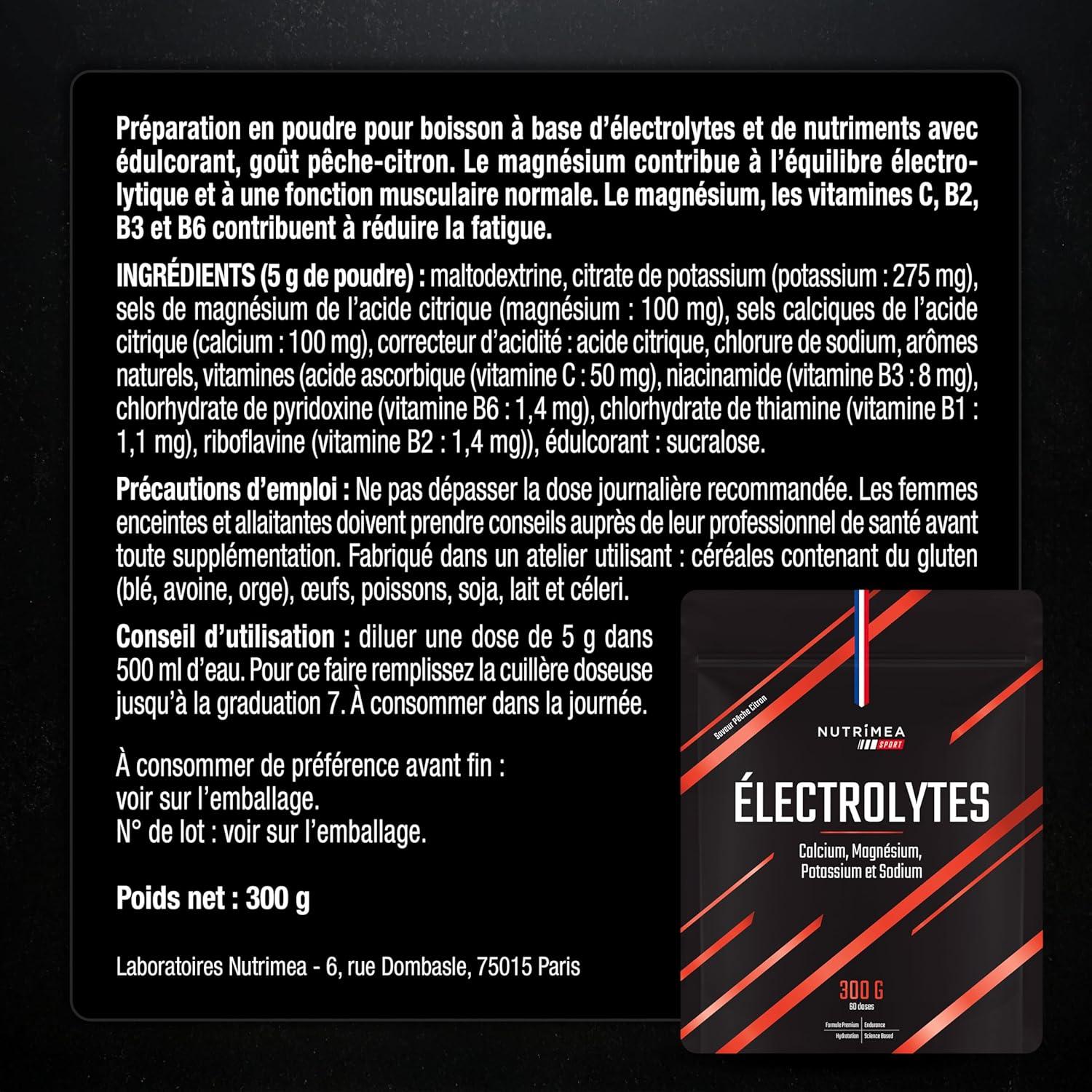 imageELECTROLYTE Boisson dHydratation Calcium Magnsium Sodium Potassium Vitamines B1 B2 B3 B6 C Endurance ampamp Rcupration Faible en Calories Got Pche Citron 60 Sances Nutrimea