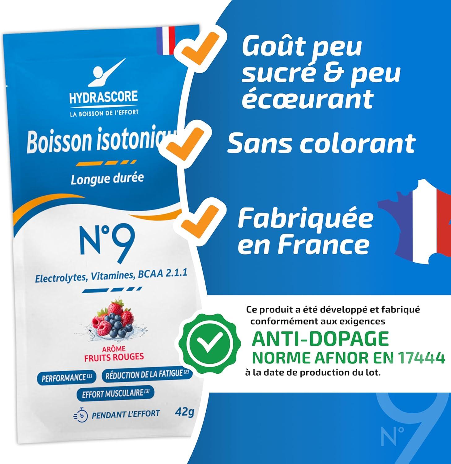 imageHydrascore N9 Fruits Rouges Sachet 4 Dosettes Boisson Isotonique Energtique pour Sportifs Running Vlo Trail Triathlon lectrolytes Hydratation BCAA H1038