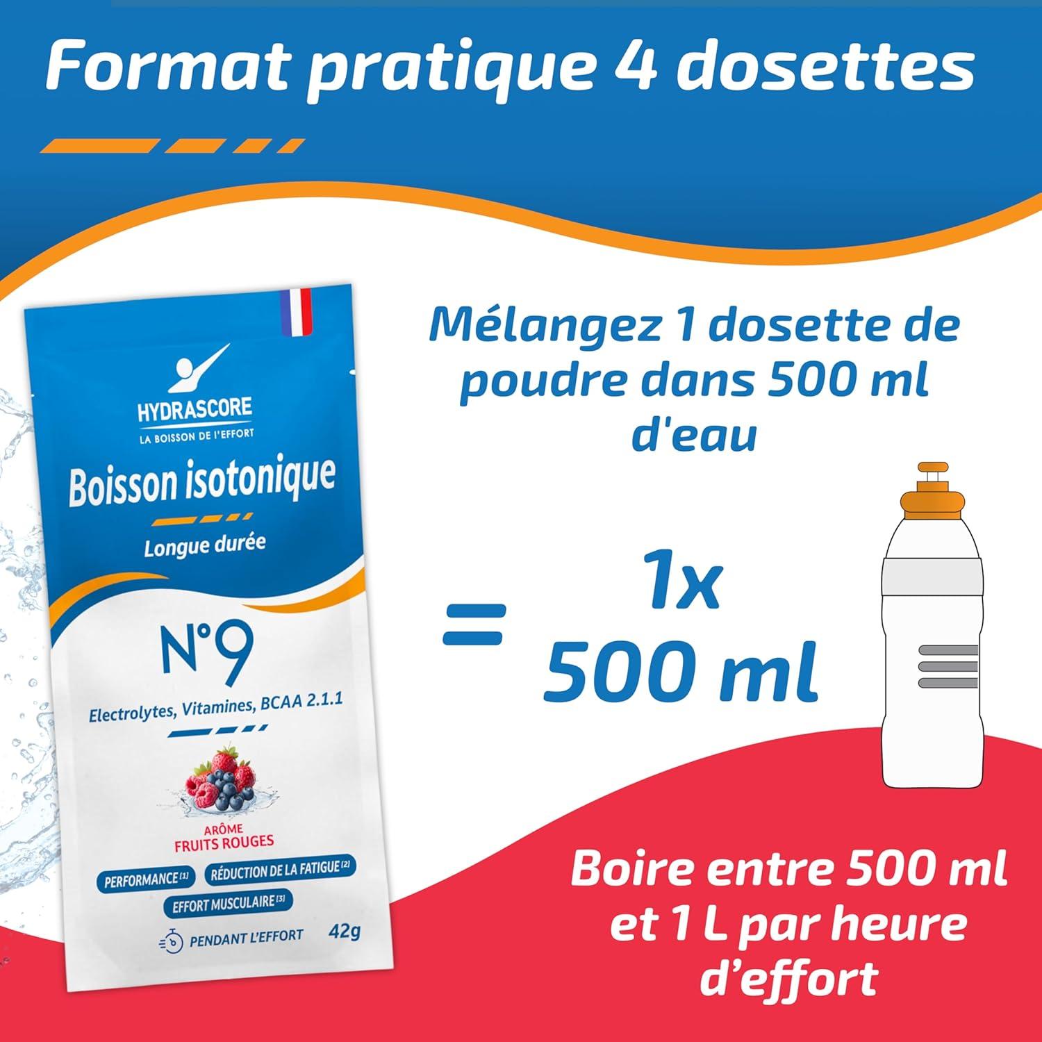 imageHydrascore N9 Fruits Rouges Sachet 4 Dosettes Boisson Isotonique Energtique pour Sportifs Running Vlo Trail Triathlon lectrolytes Hydratation BCAA H1038