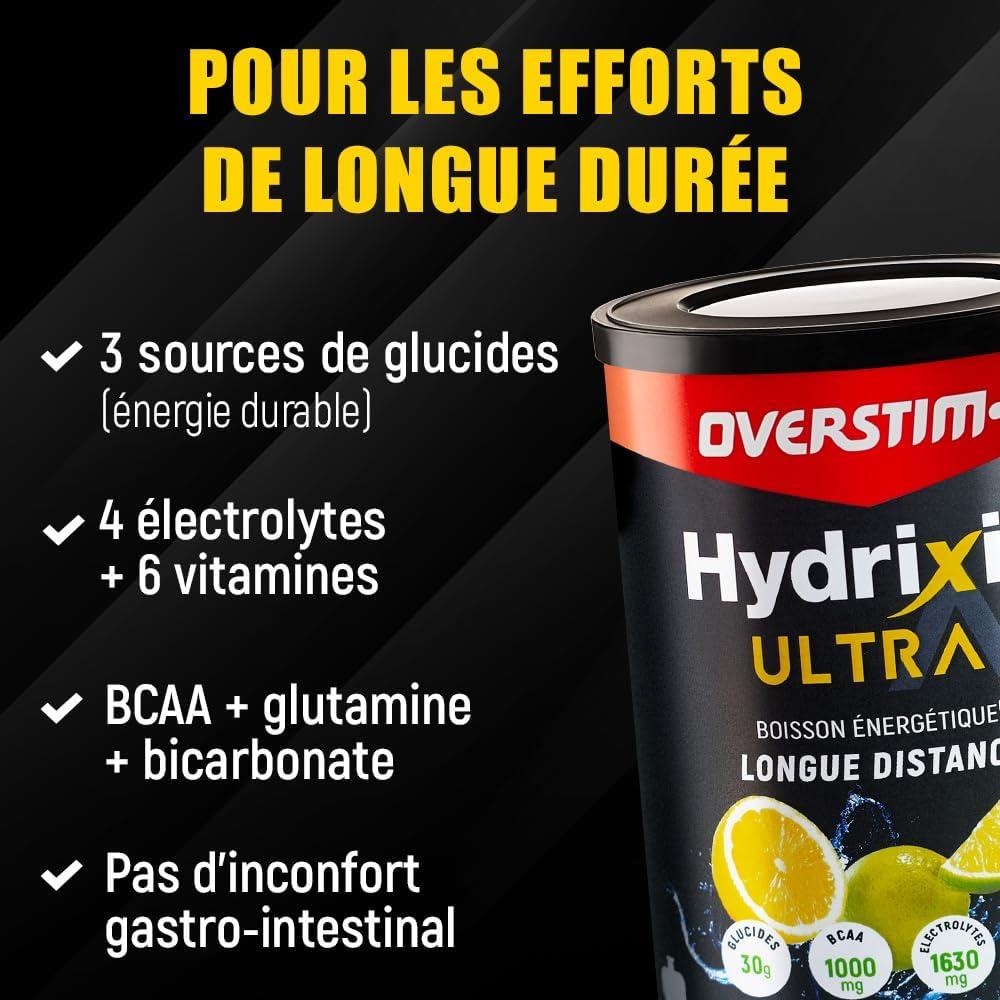imageOverstims Boisson nergtique Hydrixir Ultra 400g 3 sources de glucides 4 lectrolytes 6 vitamines BCAA Glutamine Bicarbonate de sodium Saveur peu sucre Fruits rougesCitron Citronvert