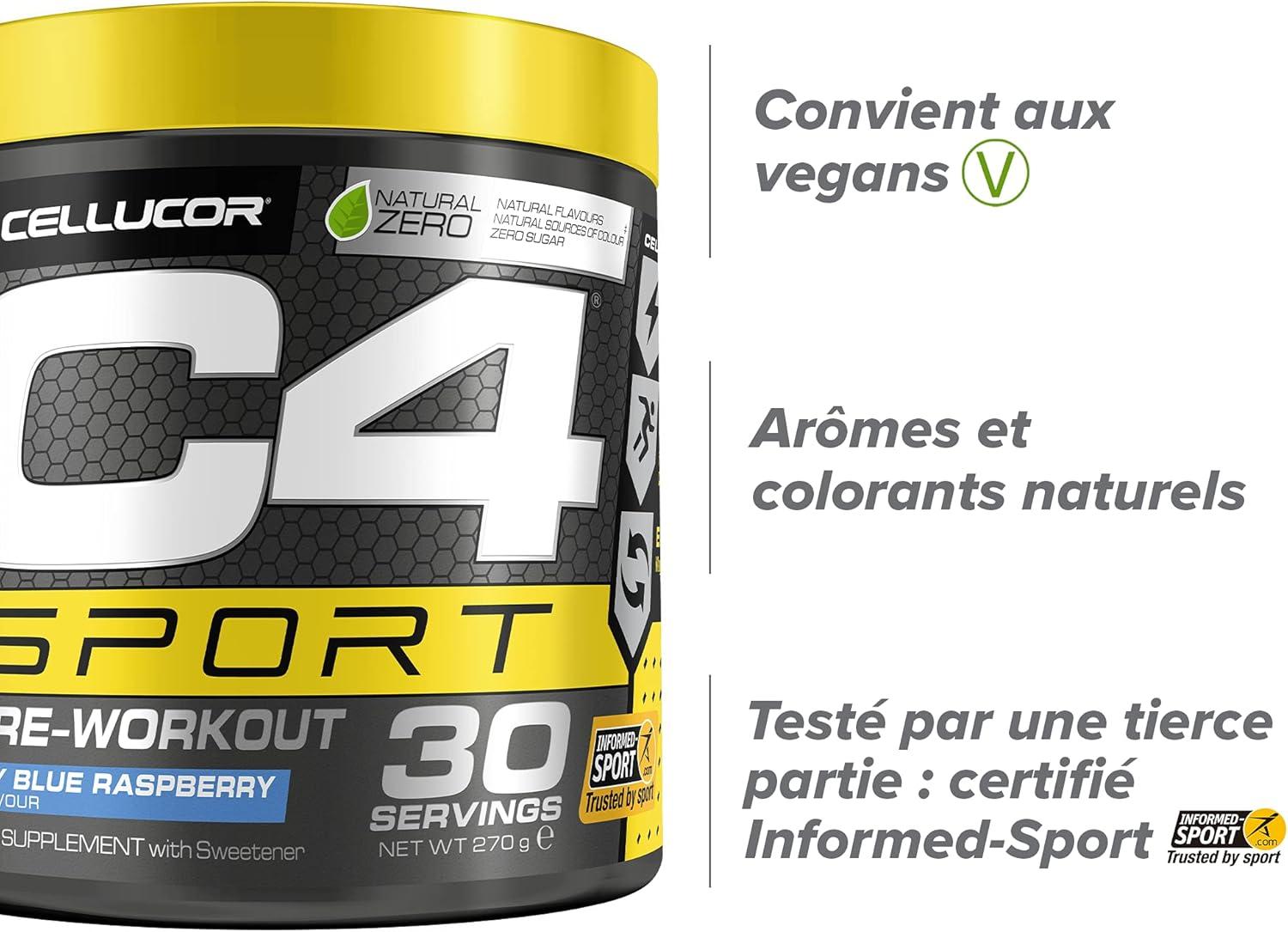 imagePoudre prentranement C4 Sport jus de fruit Boisson nergisante prentranement 135 mg de cafine btaalanine monohydrate de cratine certifi InformedSport 30 portionsFramboise bleue glace