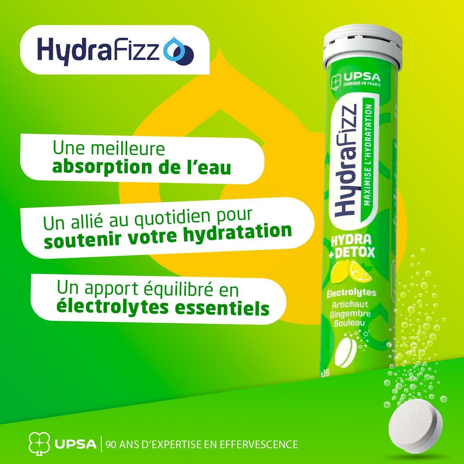 imageUPSA Hydrafizz Dtox Complment Alimentaire Dtox ampamp Hydratation lectrolytes Artichaut Gingembre Bouleau ampamp Vitamine C Got Citron Fabriqu en France 16 Comprims Effervescents