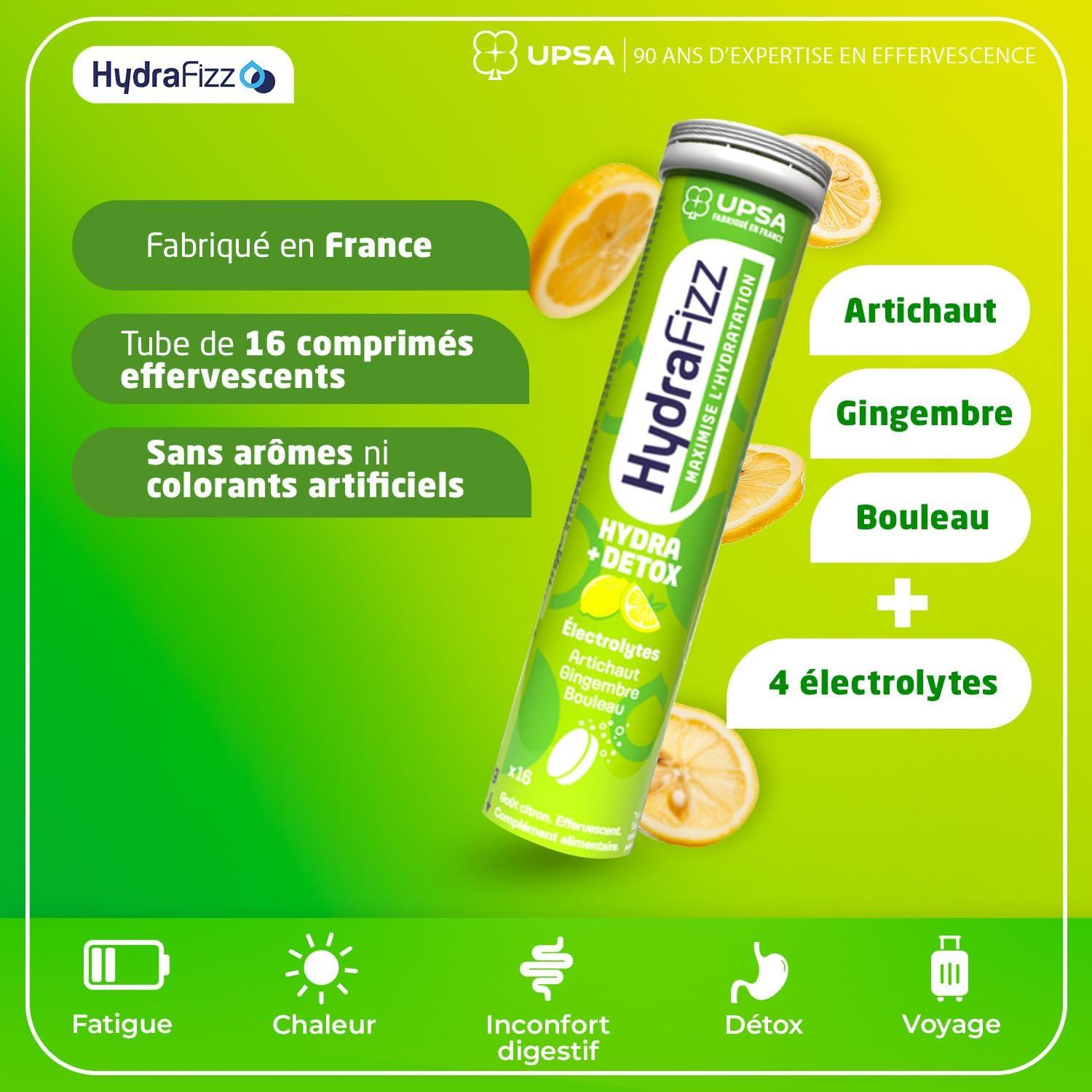 imageUPSA Hydrafizz Dtox Complment Alimentaire Dtox ampamp Hydratation lectrolytes Artichaut Gingembre Bouleau ampamp Vitamine C Got Citron Fabriqu en France 16 Comprims Effervescents