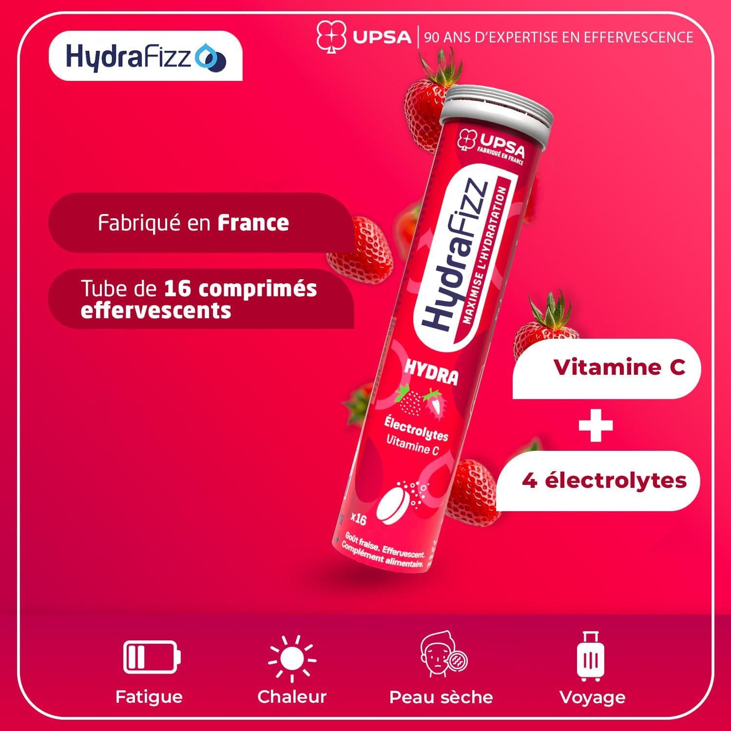 imageUPSA Hydrafizz Hydra Fraise Complment Alimentaire Hydratation Quotidienne lectrolytes Glucose ampamp Vitamine C Got Fraise Fabriqu en France 16 Comprims Effervescents