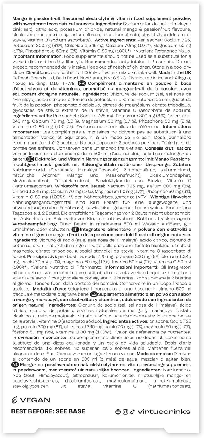 imageVirtue lectrolytes Sachets dhydratation Pack dcouverte Zro sucre 6 lectrolytes sels minraux hydratants vitamine C Pack de 12 Lemon Lime Limonade Fraise Mangue ampamp Fruit de la PassionMangue Fruit de la Passion Sal