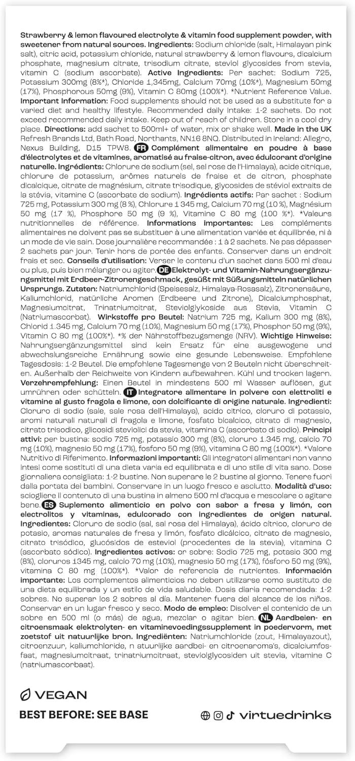 imageVirtue lectrolytes Sachets dhydratation Pack dcouverte Zro sucre 6 lectrolytes sels minraux hydratants vitamine C Pack de 12 Lemon Lime Limonade Fraise Mangue ampamp Fruit de la PassionLimonade Fraise Sale