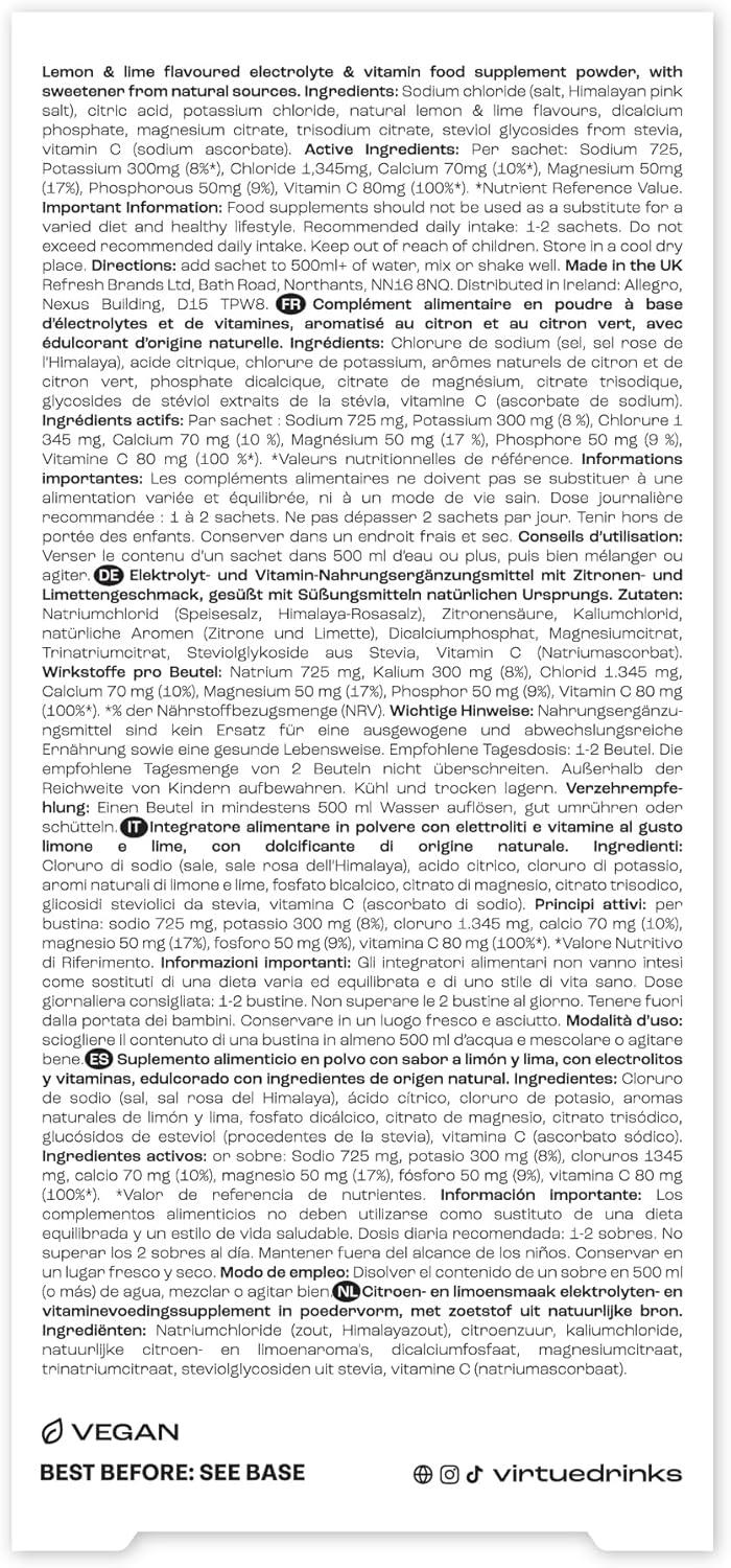 imageVirtue lectrolytes Sachets dhydratation Pack dcouverte Zro sucre 6 lectrolytes sels minraux hydratants vitamine C Pack de 12 Lemon Lime Limonade Fraise Mangue ampamp Fruit de la PassionLemon Lime Sal