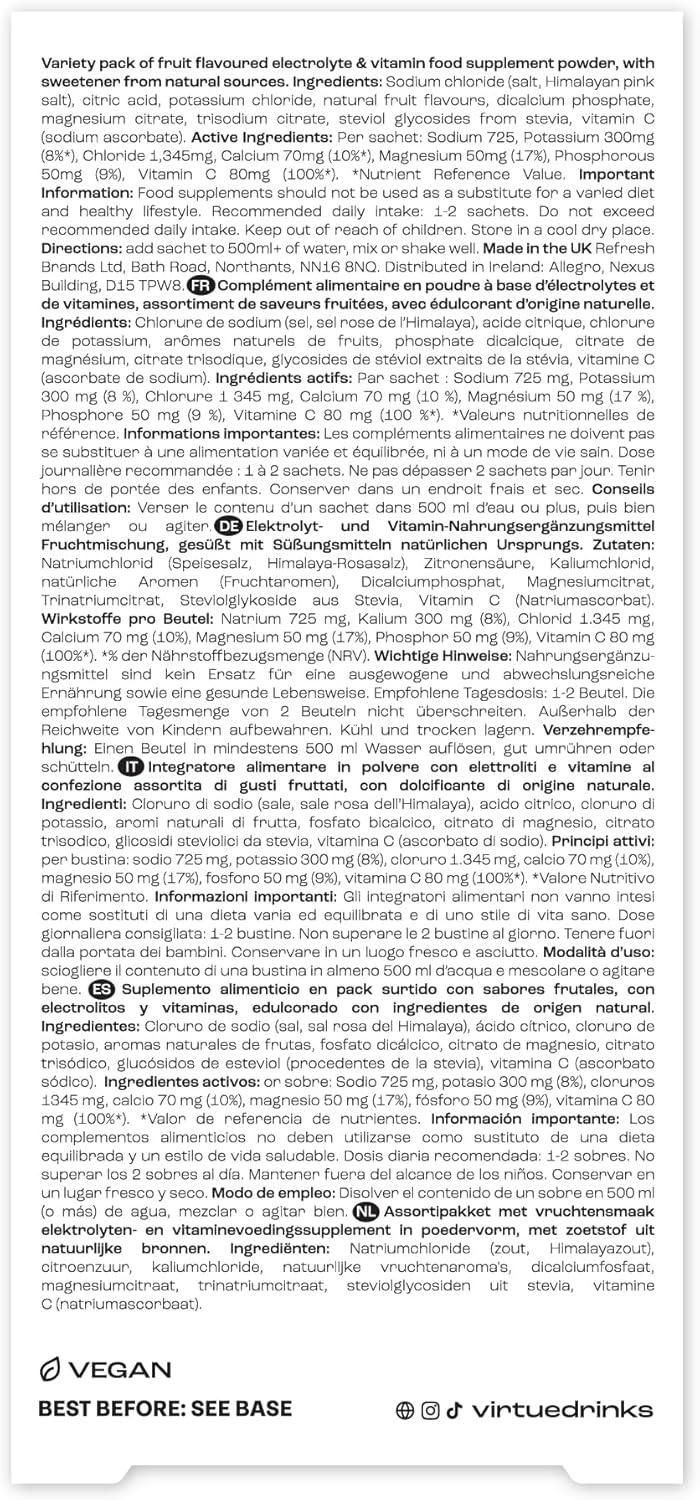 imageVirtue lectrolytes Sachets dhydratation Pack dcouverte Zro sucre 6 lectrolytes sels minraux hydratants vitamine C Pack de 12 Lemon Lime Limonade Fraise Mangue ampamp Fruit de la PassionAssortiment