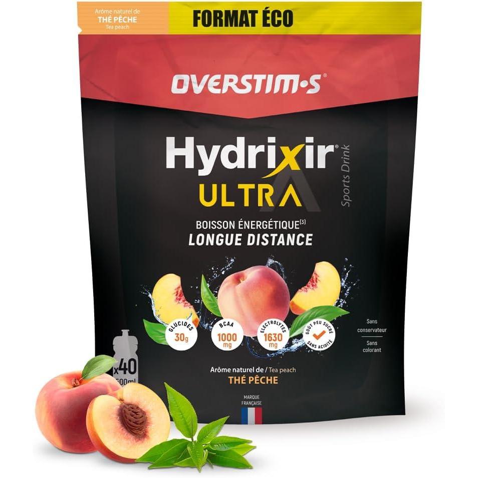 imageOverstims Boisson nergtique Hydrixir Ultra 400g 3 sources de glucides 4 lectrolytes 6 vitamines BCAA Glutamine Bicarbonate de sodium Saveur peu sucre Fruits rougesTh pche