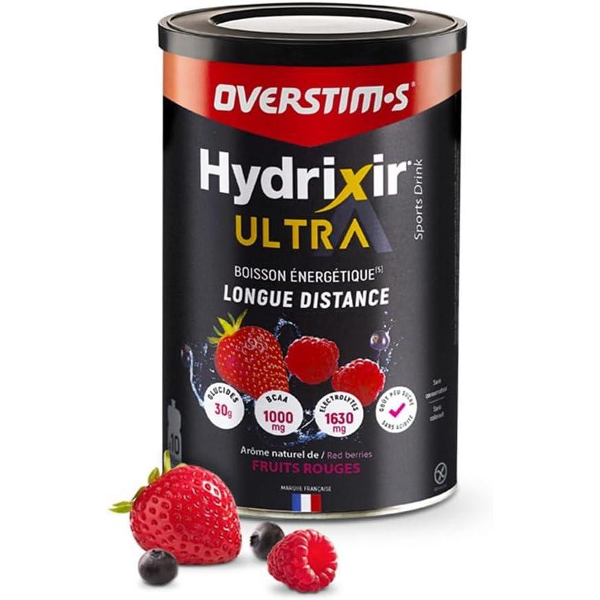 imageOverstims Boisson nergtique Hydrixir Ultra 400g 3 sources de glucides 4 lectrolytes 6 vitamines BCAA Glutamine Bicarbonate de sodium Saveur peu sucre Fruits rougesFruits rouges