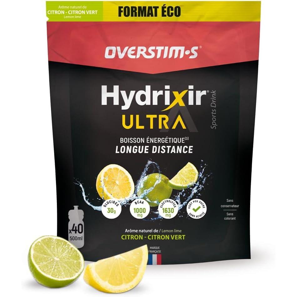 imageOverstims Boisson nergtique Hydrixir Ultra 400g 3 sources de glucides 4 lectrolytes 6 vitamines BCAA Glutamine Bicarbonate de sodium Saveur peu sucre Fruits rougesCitron Citronvert