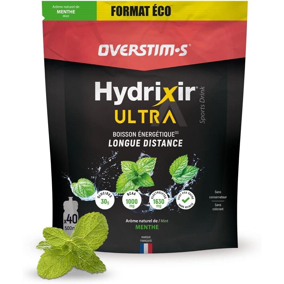 imageOverstims Boisson nergtique Hydrixir Ultra 400g 3 sources de glucides 4 lectrolytes 6 vitamines BCAA Glutamine Bicarbonate de sodium Saveur peu sucre Fruits rougesMenthe