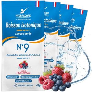 Hydrascore N°9 – Fruits Rouges Sachet 4 Dosettes – Boisson Isotonique Energétique pour Sportifs – Running, Vélo, Trail, Triathlon – Électrolytes Hydratation BCAA – H1038