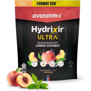 Overstim.s – Boisson énergétique Hydrixir Ultra (400g) – 3 sources de glucides – 4 électrolytes – 6 vitamines – BCAA + Glutamine – Bicarbonate de sodium – Saveur peu sucrée – Fruits rouges(Thé pêche)