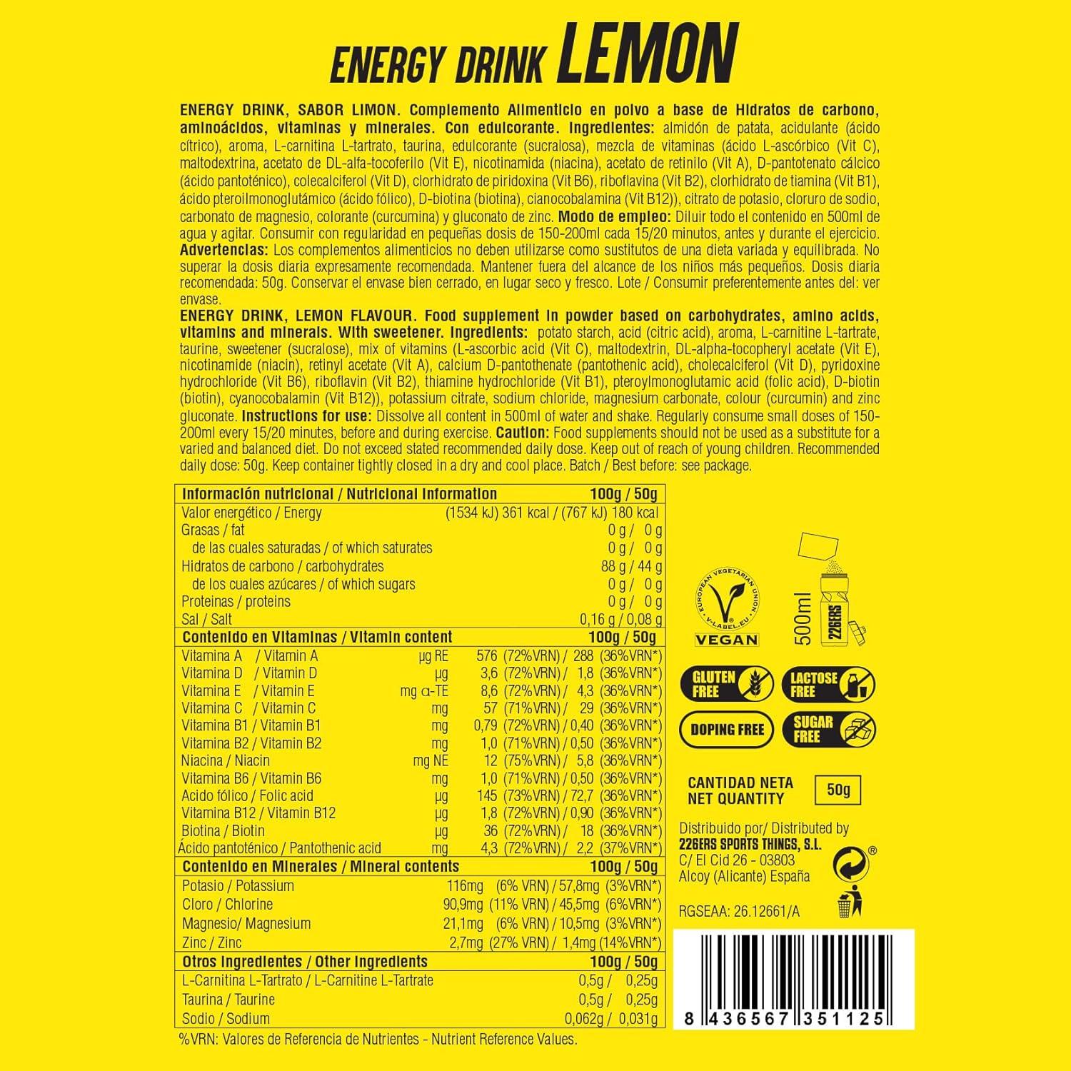 image226ERS Energy Drink Boisson Energtique avec Amylopectine Taurine et LCarnitine Sans Gluten et Sans Lactose Mandarine 500 grCitron