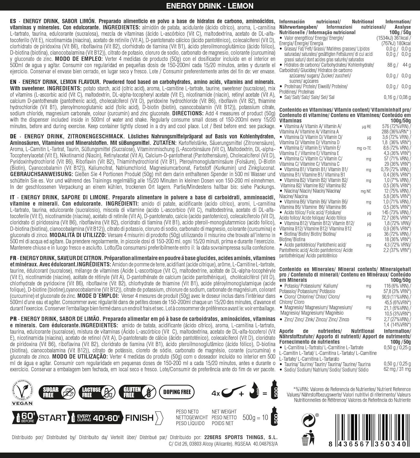 image226ERS Energy Drink Boisson Energtique avec Amylopectine Taurine et LCarnitine Sans Gluten et Sans Lactose Mandarine 500 grCitron