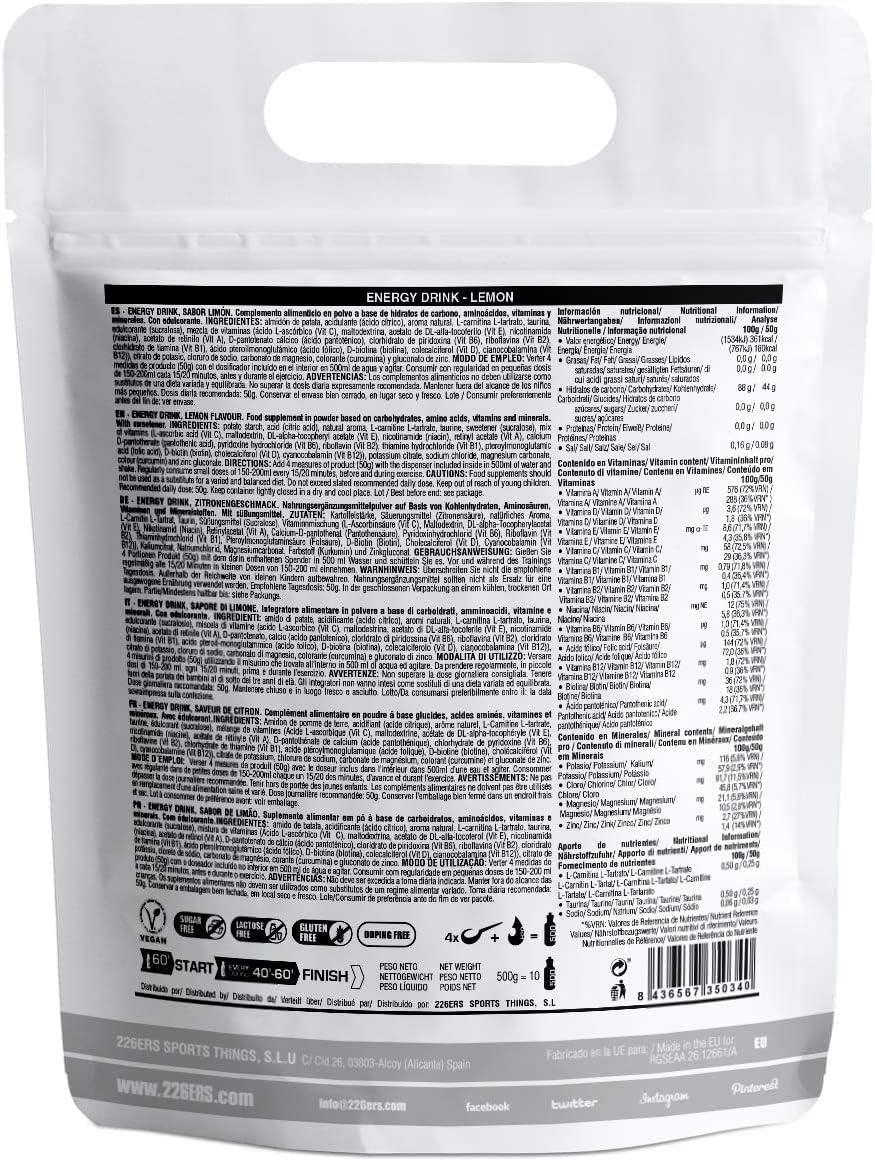 image226ERS Energy Drink Boisson Energtique avec Amylopectine Taurine et LCarnitine Sans Gluten et Sans Lactose Mandarine 500 grCitron
