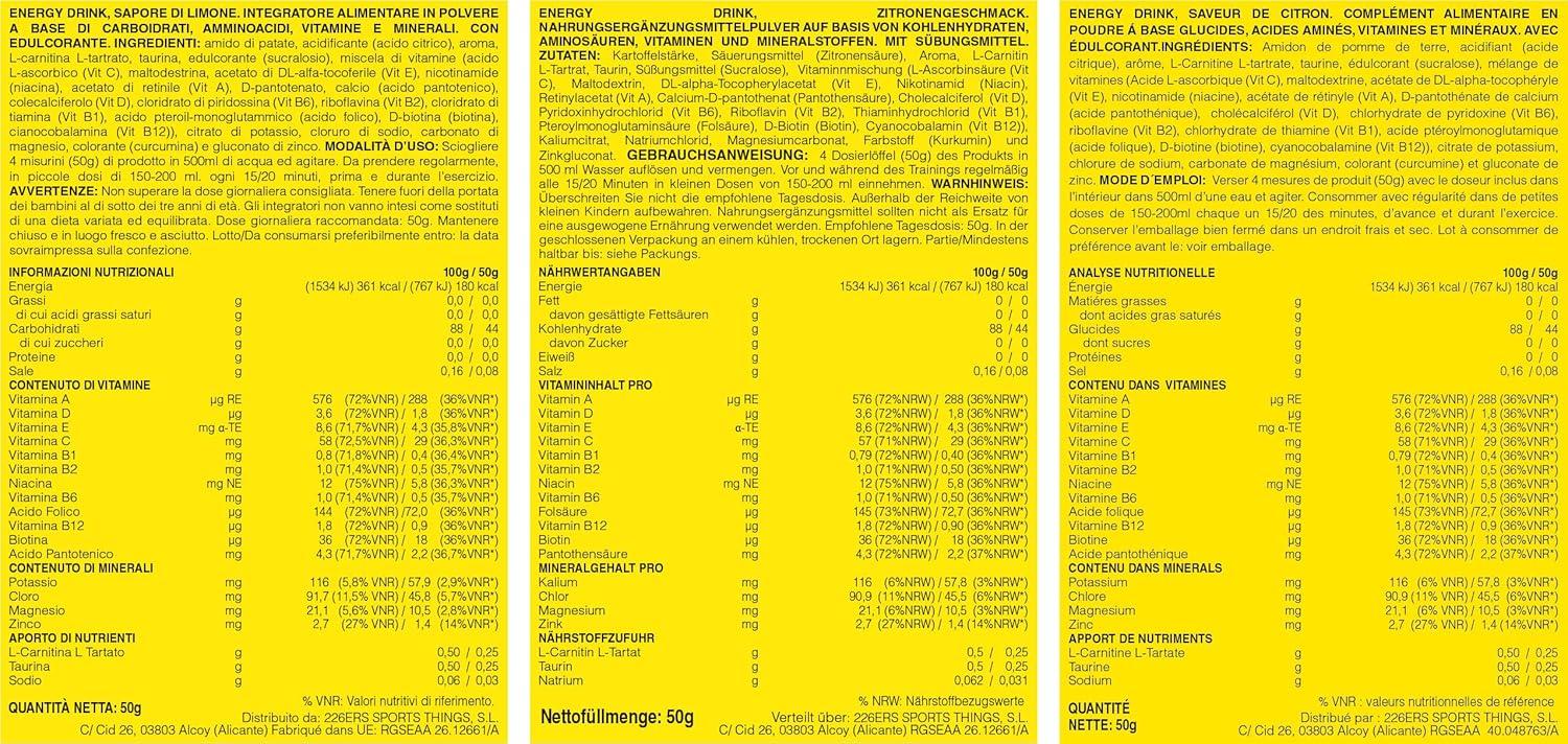 image226ERS Energy Drink Boisson Energtique avec Amylopectine Taurine et LCarnitine Sans Gluten et Sans Lactose Mandarine 500 grCitron