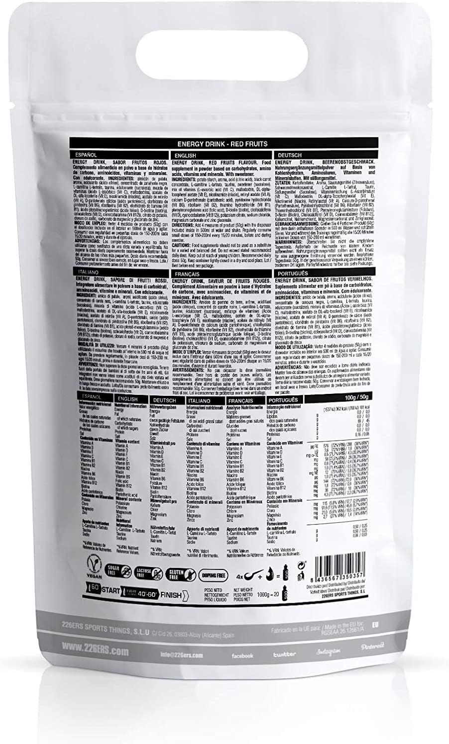 image226ERS Energy Drink Boisson Energtique avec Amylopectine Taurine et LCarnitine Sans Gluten et Sans Lactose Mandarine 500 grFruits Rouges