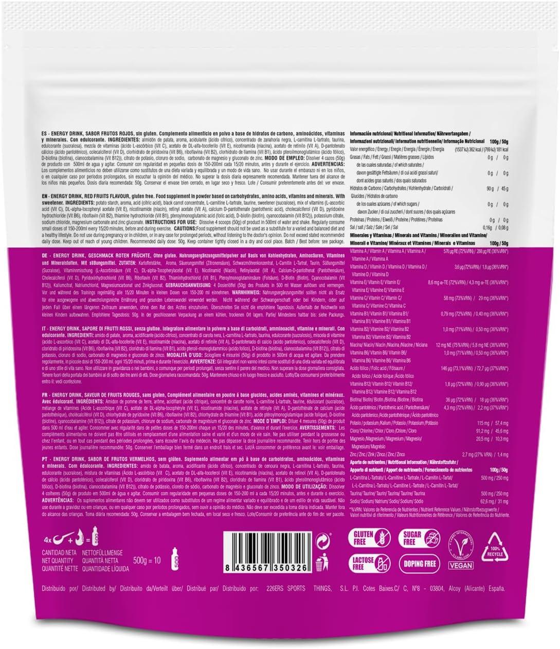 image226ERS Energy Drink Boisson Energtique avec Amylopectine Taurine et LCarnitine Sans Gluten et Sans Lactose Mandarine 500 grFruits Rouges