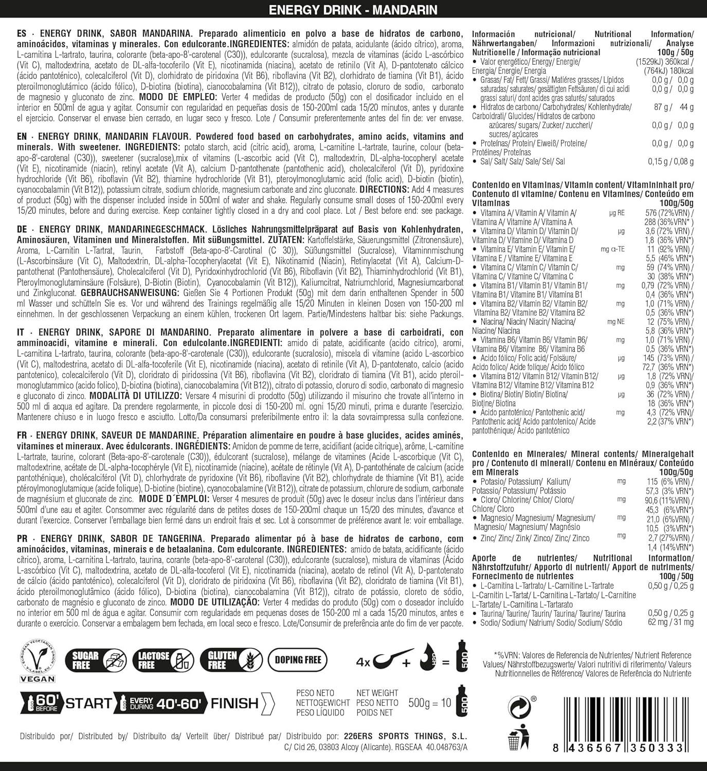image226ERS Energy Drink Boisson Energtique avec Amylopectine Taurine et LCarnitine Sans Gluten et Sans Lactose Mandarine 500 grMandarine