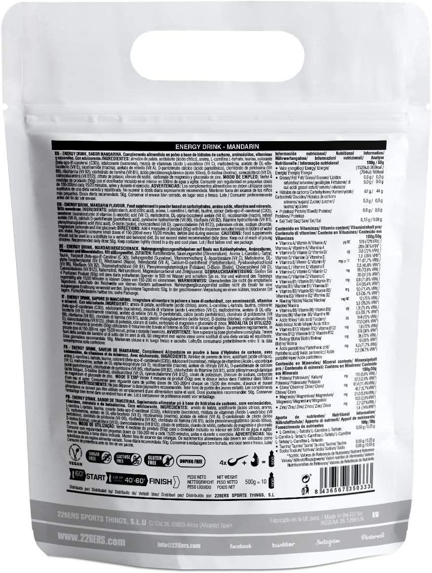image226ERS Energy Drink Boisson Energtique avec Amylopectine Taurine et LCarnitine Sans Gluten et Sans Lactose Mandarine 500 grMandarine
