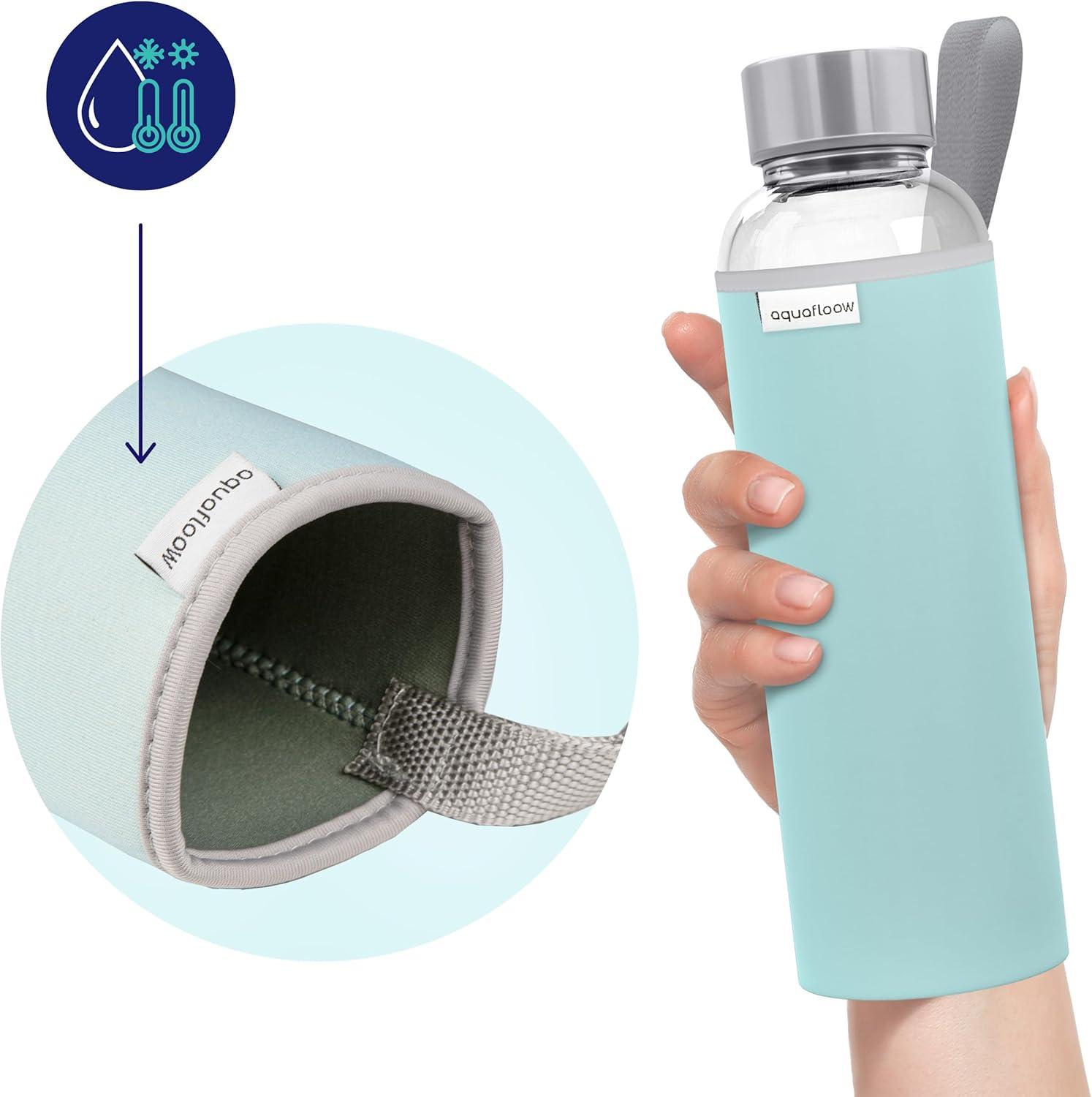 imageAquafloow Bouteille deau Brosilicate tui en Noprne 700 ml Flacons deau en Verre avec Couvercle en Bambou Sans BPA Idale pour Le Bureau Lcole La Maison Bleu foncBleu Clair