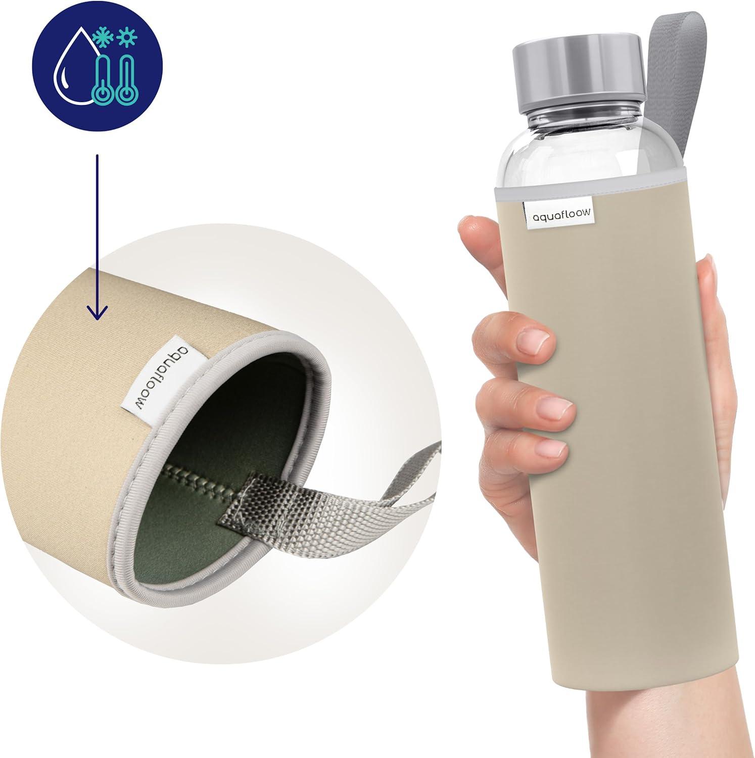 imageAquafloow Bouteille deau Brosilicate tui en Noprne 700 ml Flacons deau en Verre avec Couvercle en Bambou Sans BPA Idale pour Le Bureau Lcole La Maison Bleu foncBeige