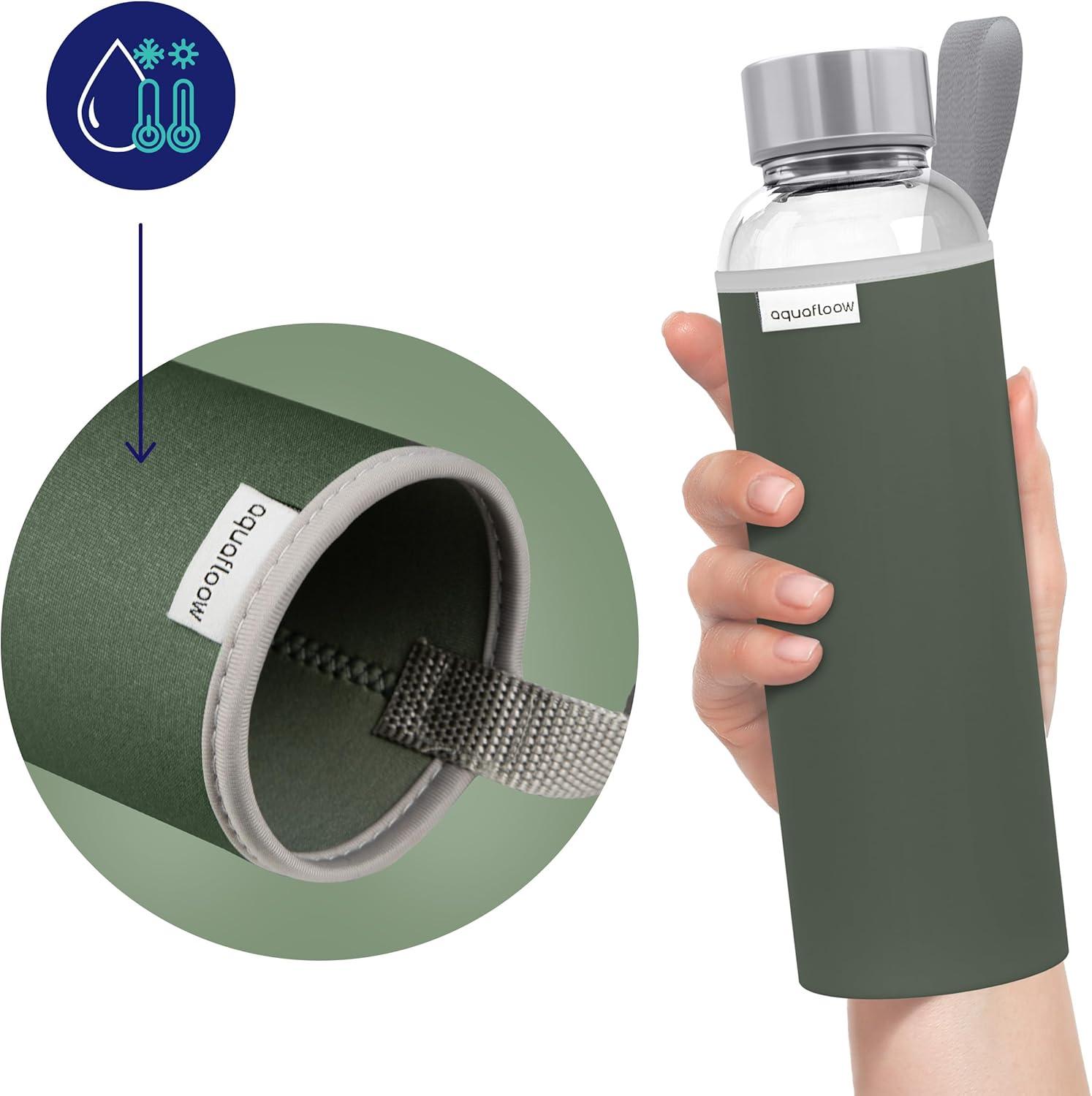imageAquafloow Bouteille deau Brosilicate tui en Noprne 700 ml Flacons deau en Verre avec Couvercle en Bambou Sans BPA Idale pour Le Bureau Lcole La Maison Bleu foncVert
