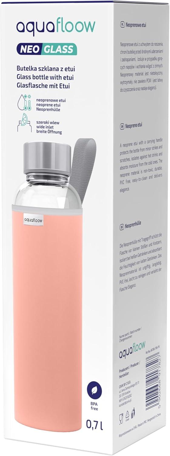 imageAquafloow Bouteille deau Brosilicate tui en Noprne 700 ml Flacons deau en Verre avec Couvercle en Bambou Sans BPA Idale pour Le Bureau Lcole La Maison Bleu foncRose