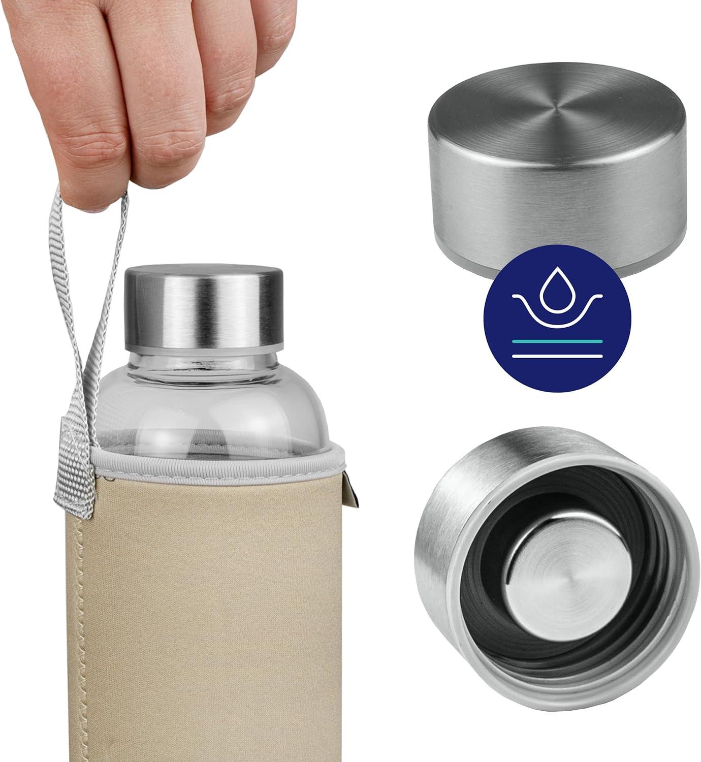 imageAquafloow Bouteille deau Brosilicate tui en Noprne 700 ml Flacons deau en Verre avec Couvercle en Bambou Sans BPA Idale pour Le Bureau Lcole La Maison Bleu foncBeige