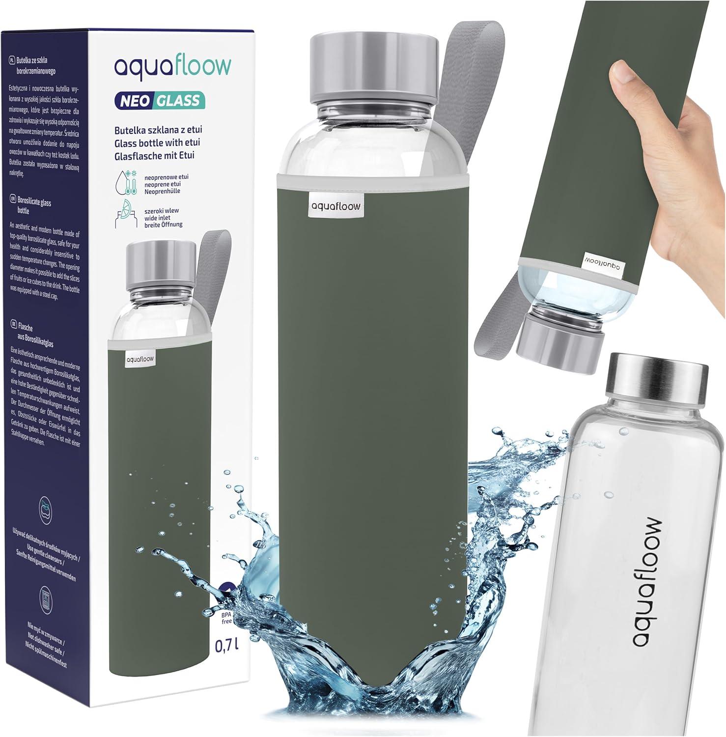 imageAquafloow Bouteille deau Brosilicate tui en Noprne 700 ml Flacons deau en Verre avec Couvercle en Bambou Sans BPA Idale pour Le Bureau Lcole La Maison Bleu foncVert