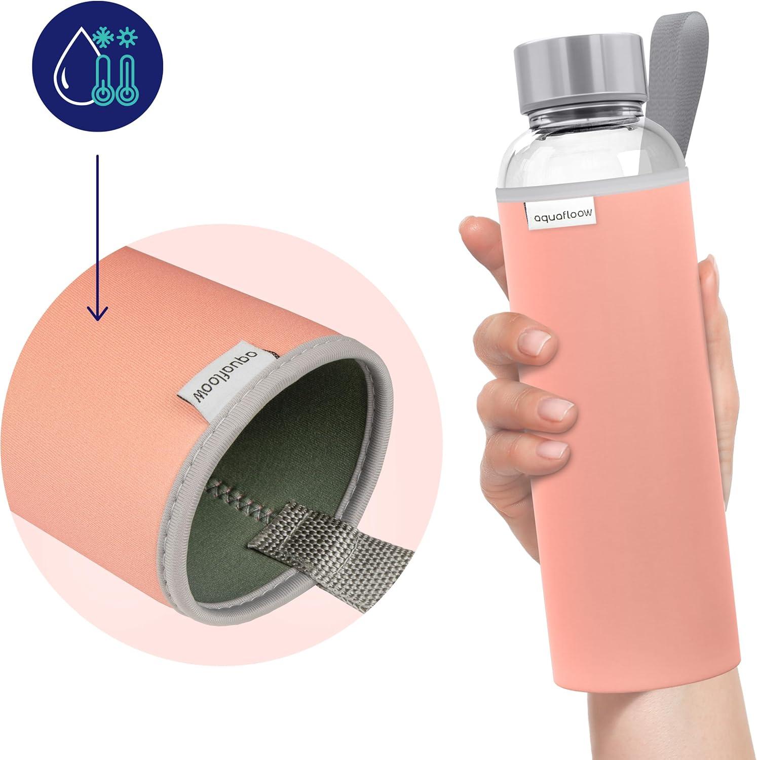 imageAquafloow Bouteille deau Brosilicate tui en Noprne 700 ml Flacons deau en Verre avec Couvercle en Bambou Sans BPA Idale pour Le Bureau Lcole La Maison Bleu foncRose